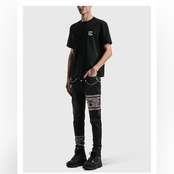 Mastermind Japan x C2H4 jeans double waist skull print chain black NWT S $550 - Picture 6 of 16